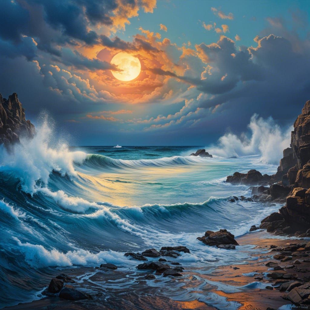 Sunrise Cove with Blue Moon, Sci-Fi Art