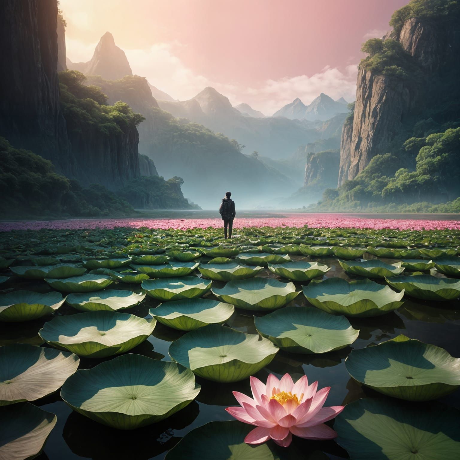 Dreamy Lotus Realm with Golden Light and Serene Landscape