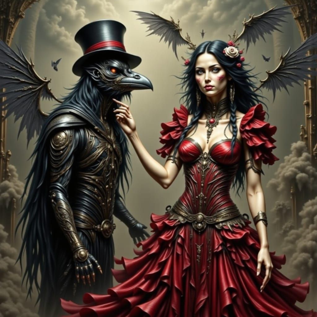 Moth-Faced Woman with Crow in Surreal Portrait