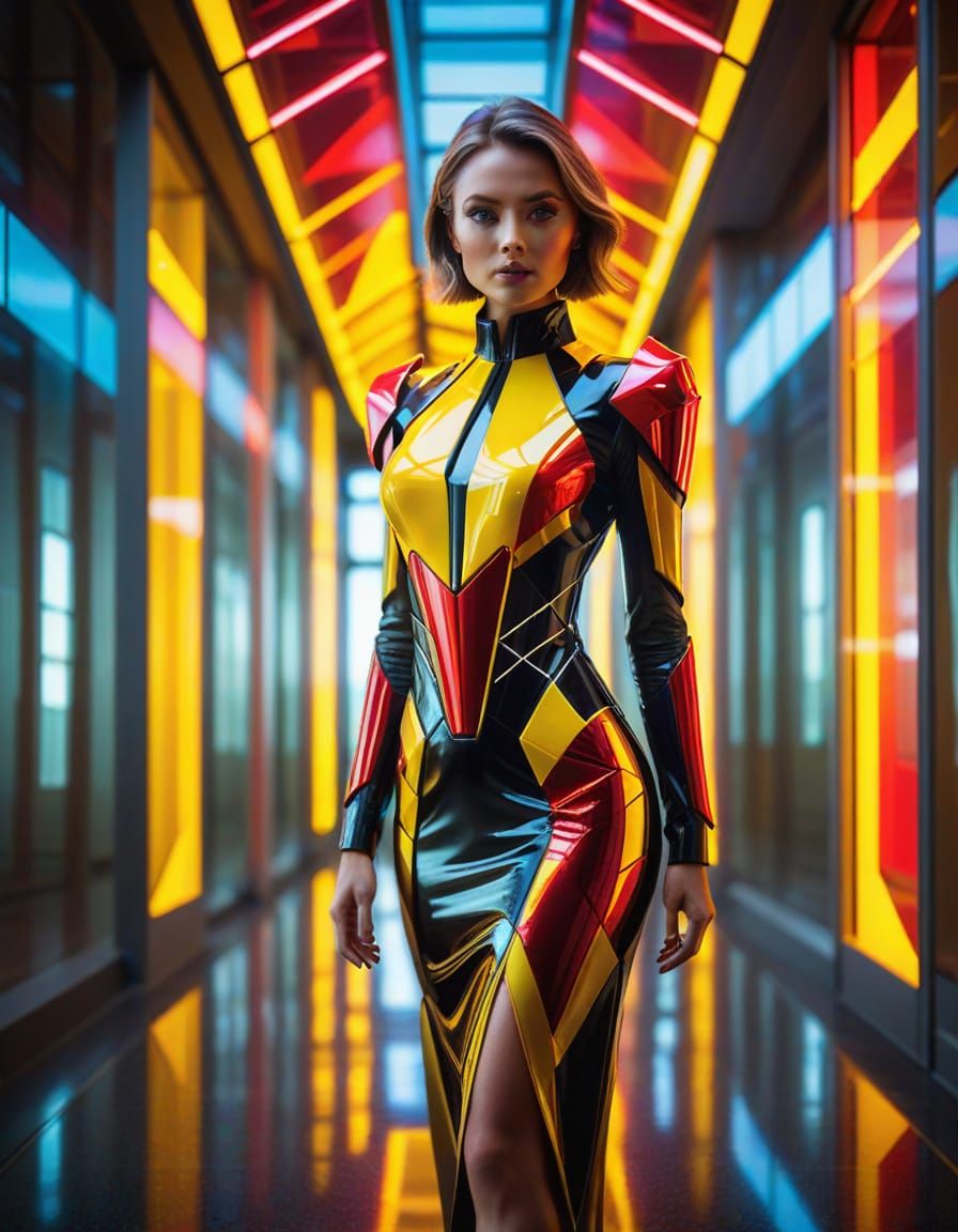 Futuristic Glass Panel Dress in Dramatic Lighting
