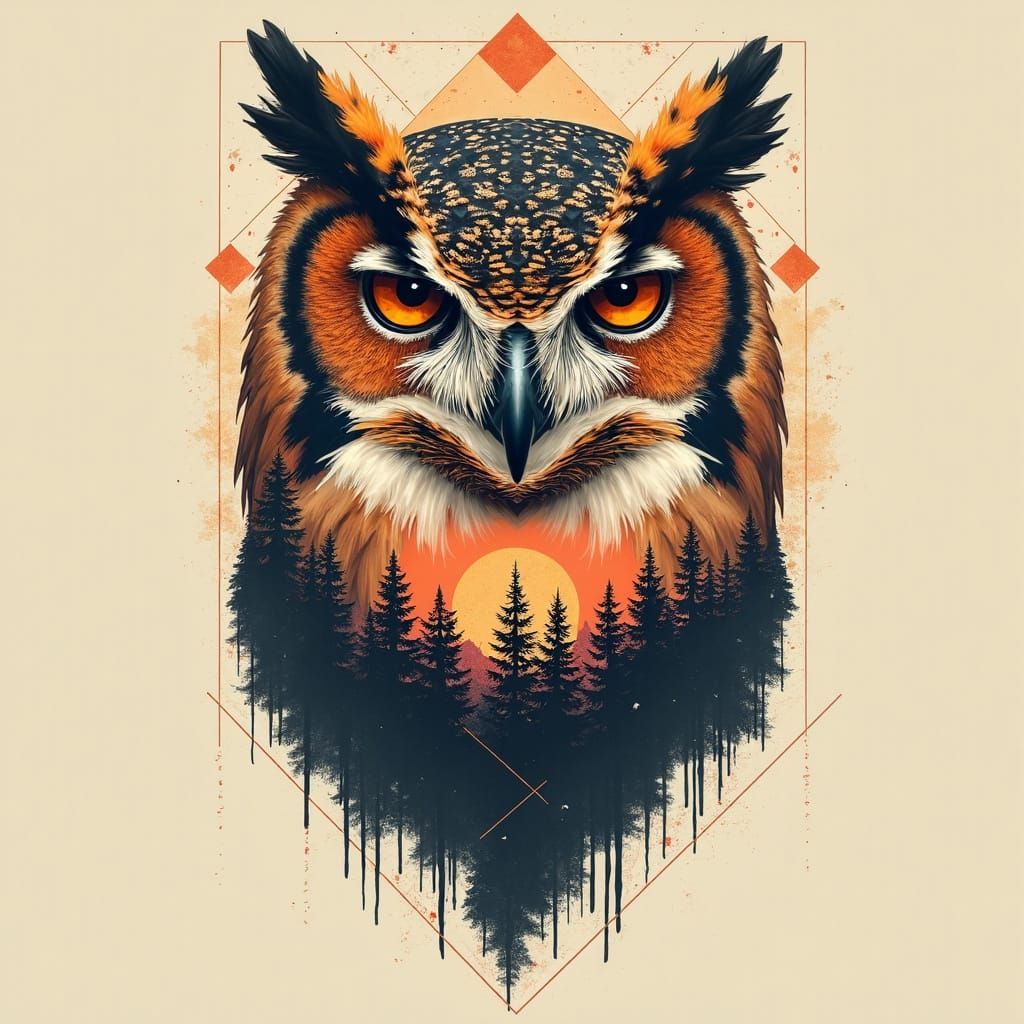 Tattoo Illustration of Bald Eagle Owl Blending into Forest S...
