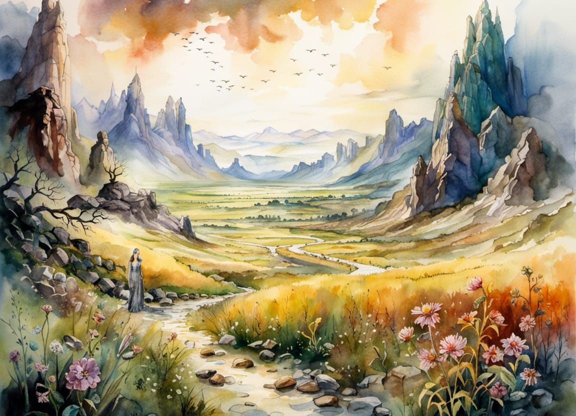 Mythical Kingdom: A Watercolor Pastoral Scene