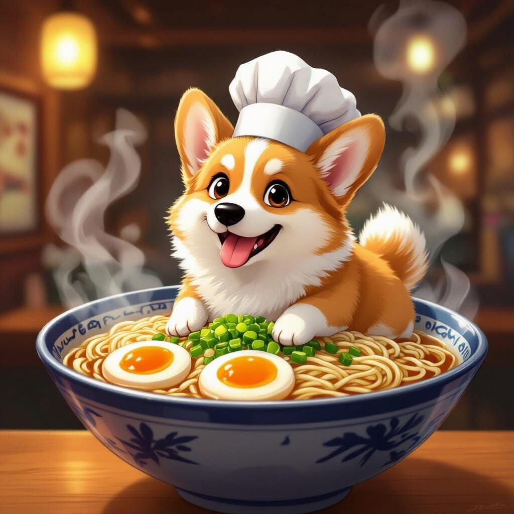Fluffy Corgi Rides Giant Ramen Bowl in Whimsical Art