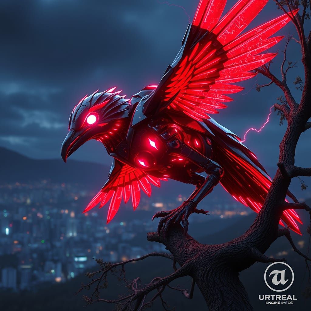 Cybernetic Raven Takes Flight in Neon Cityscape