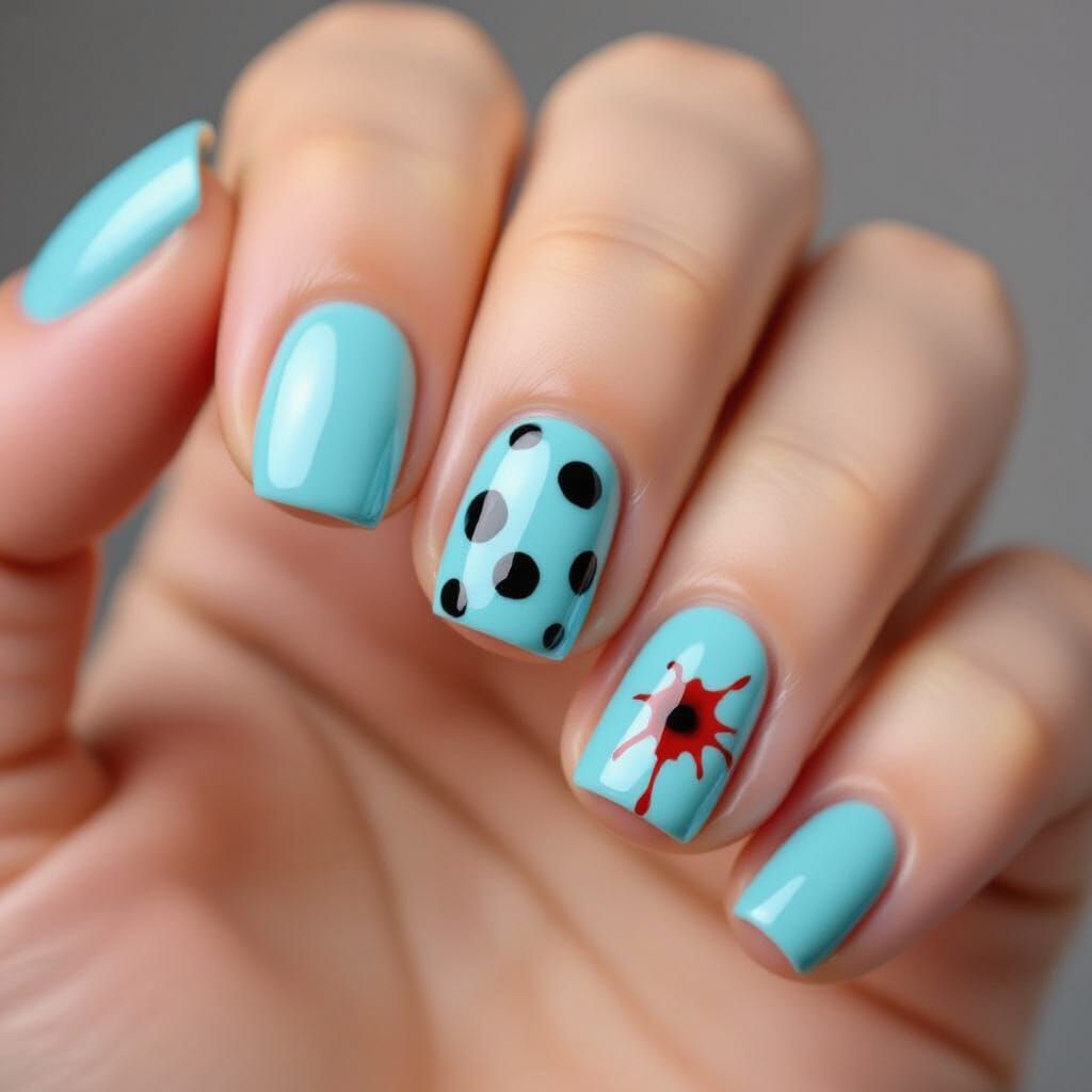 Damaged Nails with Light Blue Polish and Dried Blood