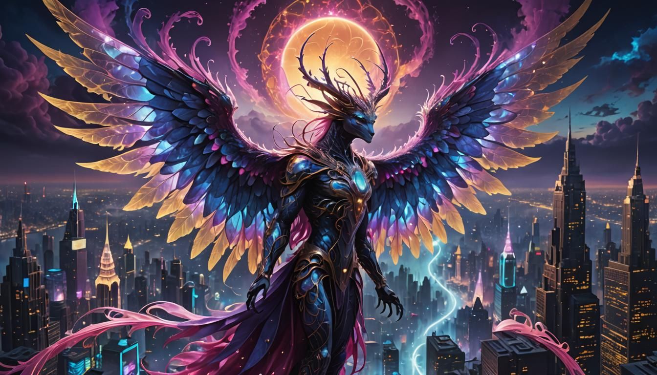Iridescent Creature in Surreal Biomechanical Cityscape