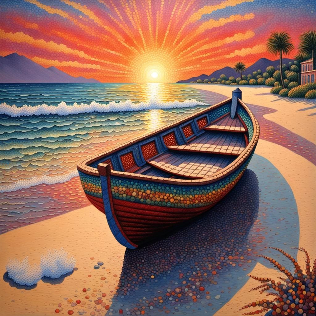 Ornate Boat on Beach at Sunset in Pointillism