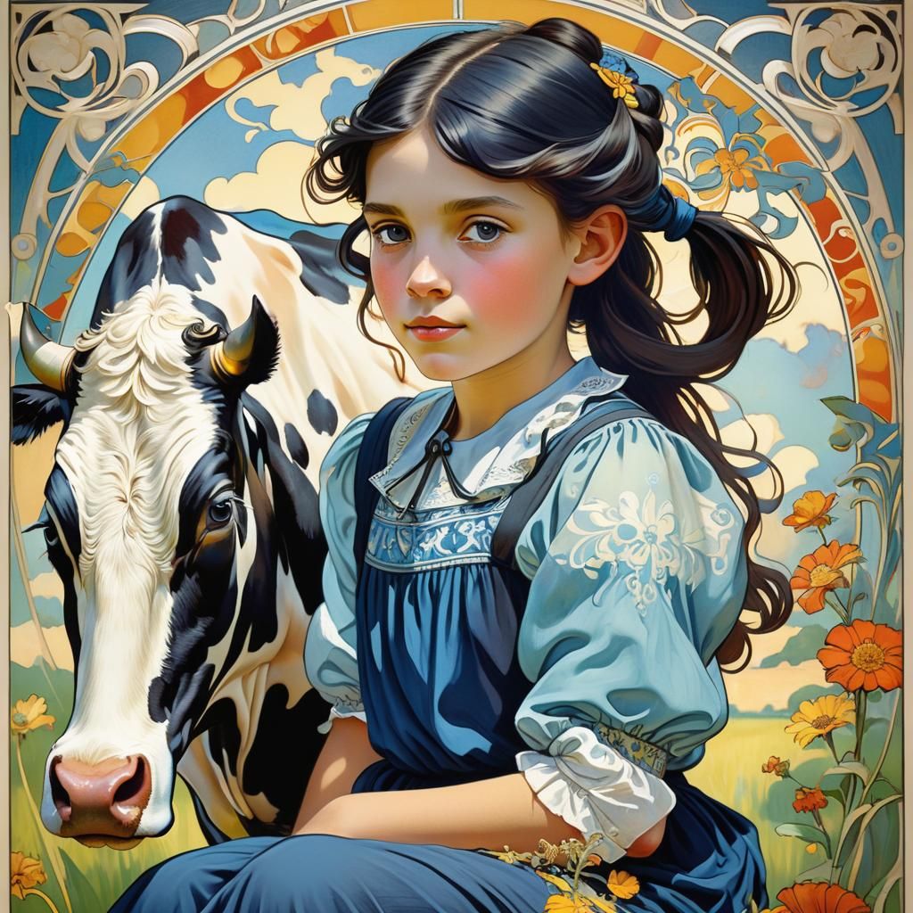 Girl Riding Cow in Art Nouveau Style