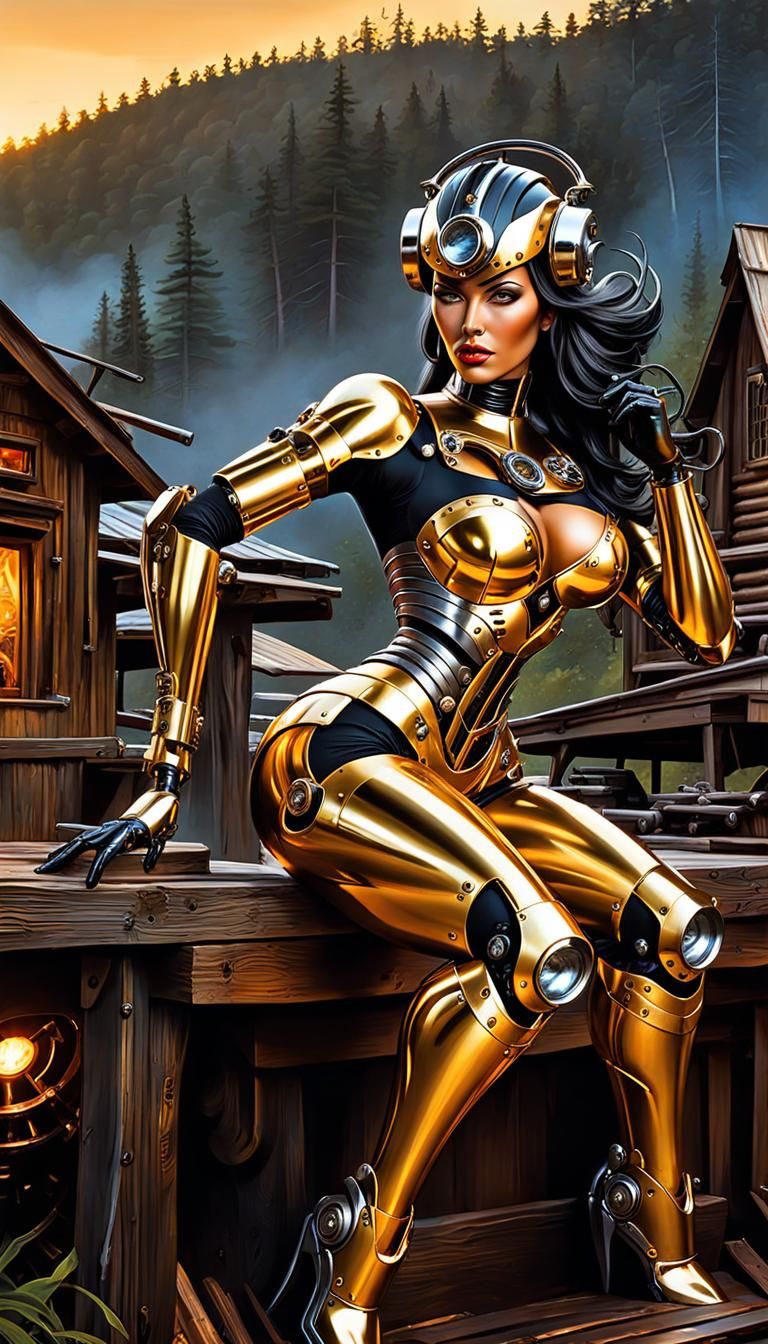 Steel Robot Girl in Boris Vallejo Comic Art Style