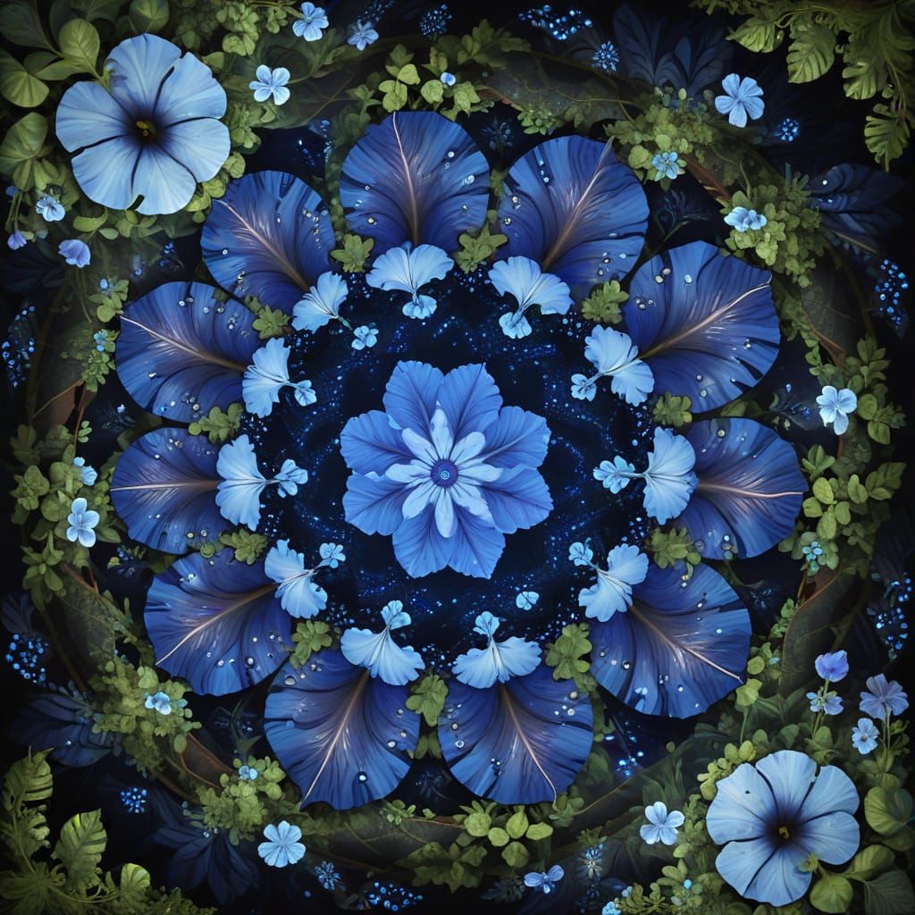 Blue Petunias with Night Sky Pattern in Fractal Mirrors