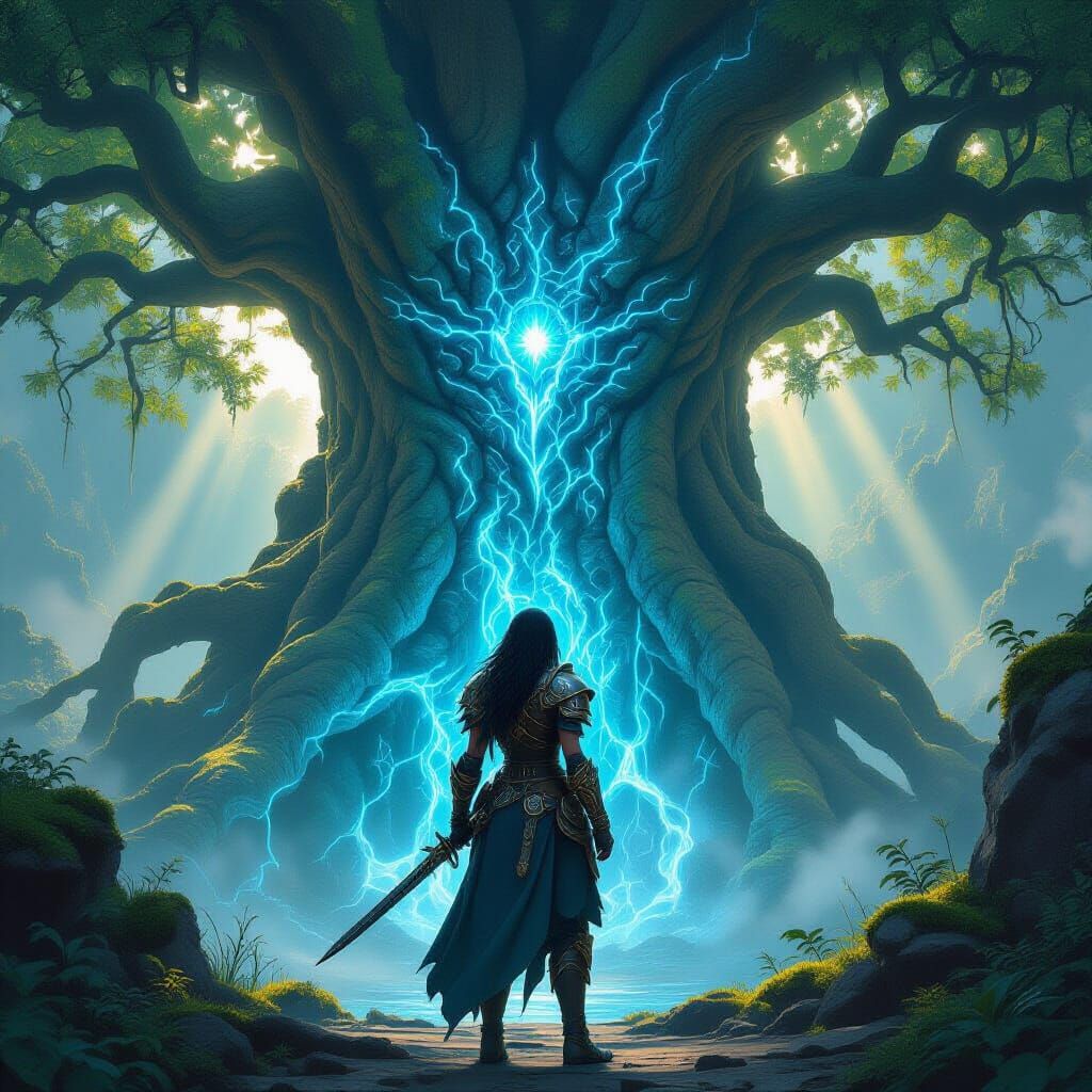 Heroic Woman Guards Mystical Ancient Tree in Sunlit Forest