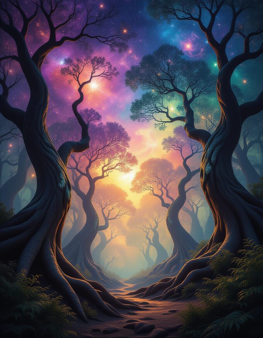 Ethereal Cosmic Forest with Galaxy Leaves