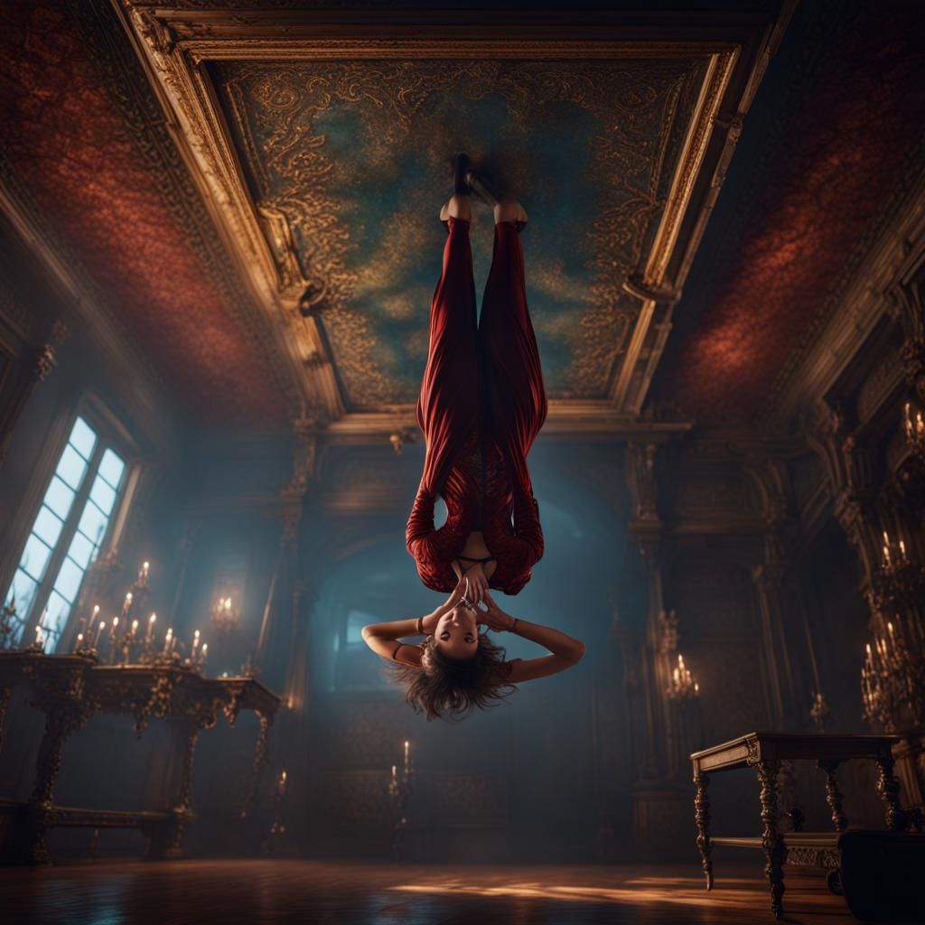 Woman Hanging Upside Down: Detailed Fantasy Art