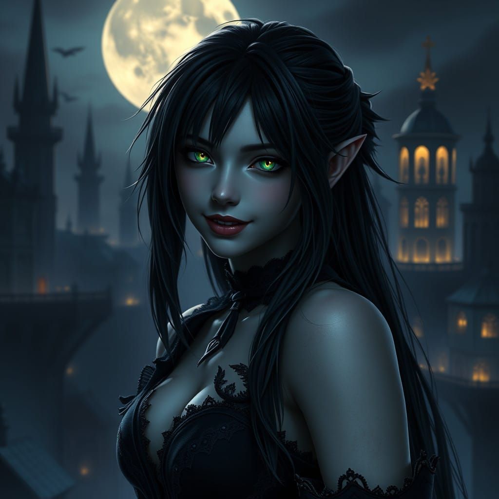 Ethereal Vampire Goddess in Dark, Gothic Cityscape