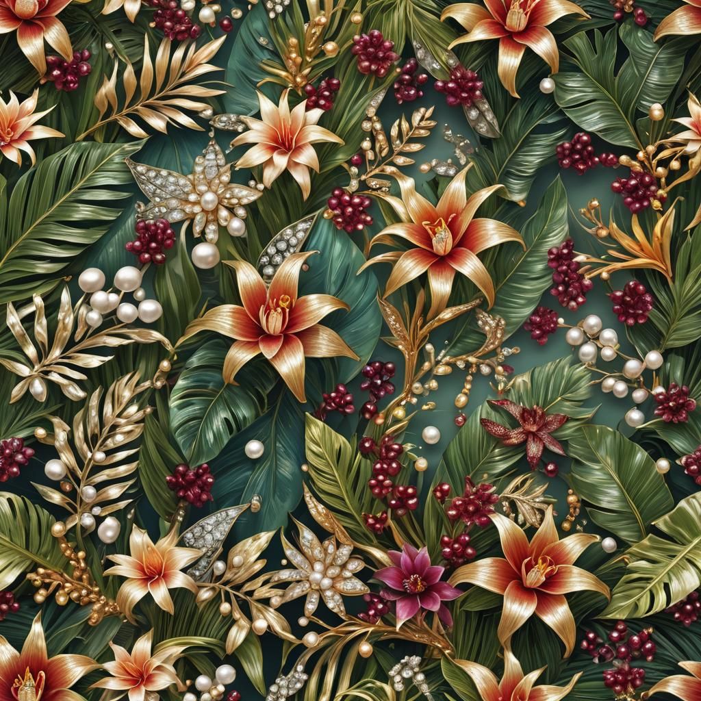 Tropical Flowers with Diamonds and Pearls