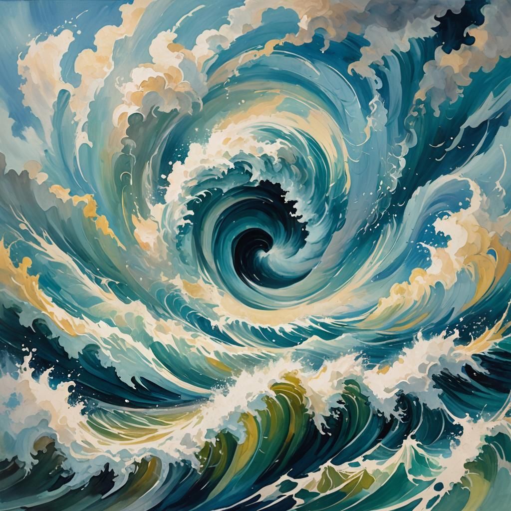 Cyclone in Open Sea: Impressionist Gouache Painting