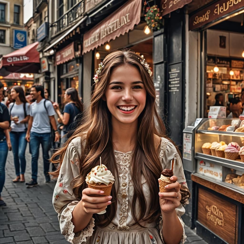 Happy Princess with Ice Cream, Hyperrealistic Image