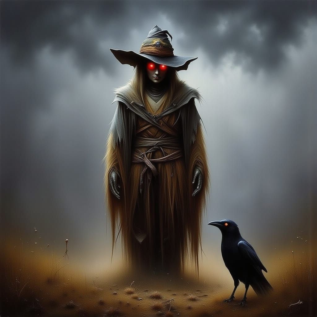 Scarecrow in Desolate Field Under Ominous Sky