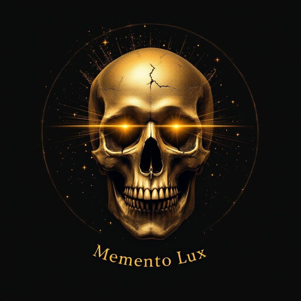 Golden Skull with Light Beams on Black Background
