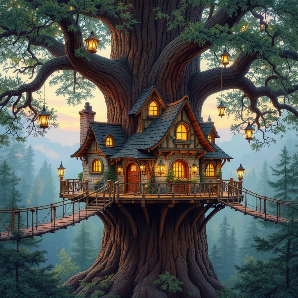 Whimsical Sequoia Treehouse Village with Lanterns