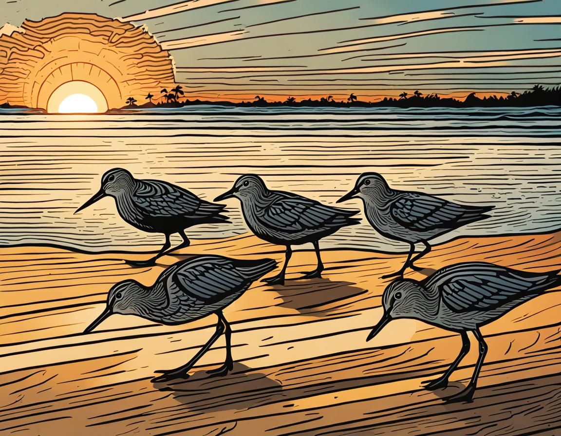 Sandpipers on Beach at Sunset in Comic Book Style