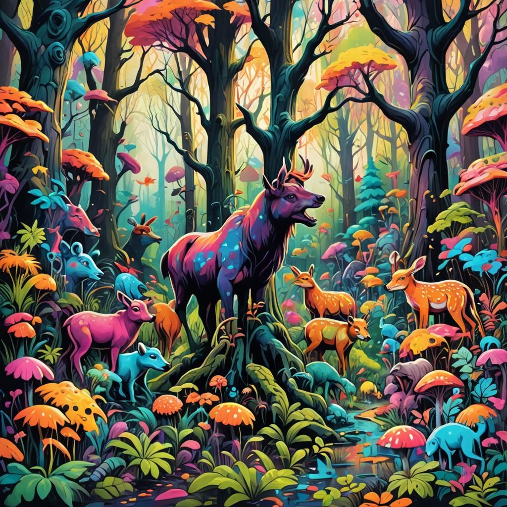 Psychedelic Forest Animals in Graffiti Splash Art
