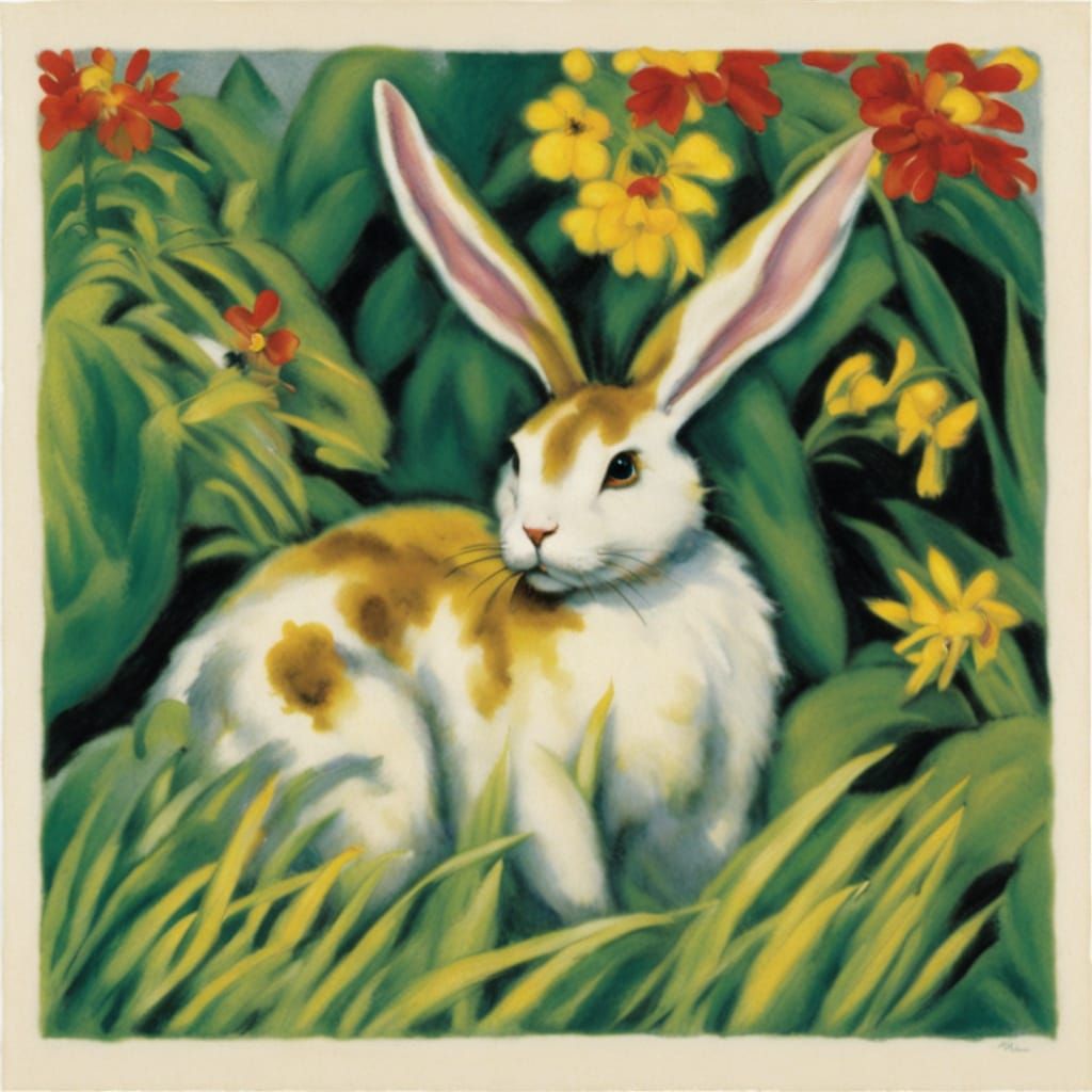 Expressionist Nature Scene with Laughing Man and Rabbit