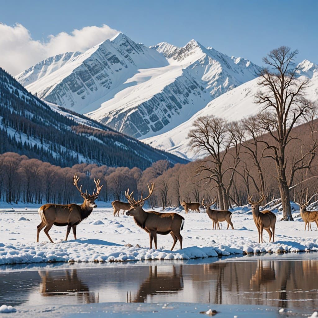 Deer Herd in Snowy Glade with Frozen River
