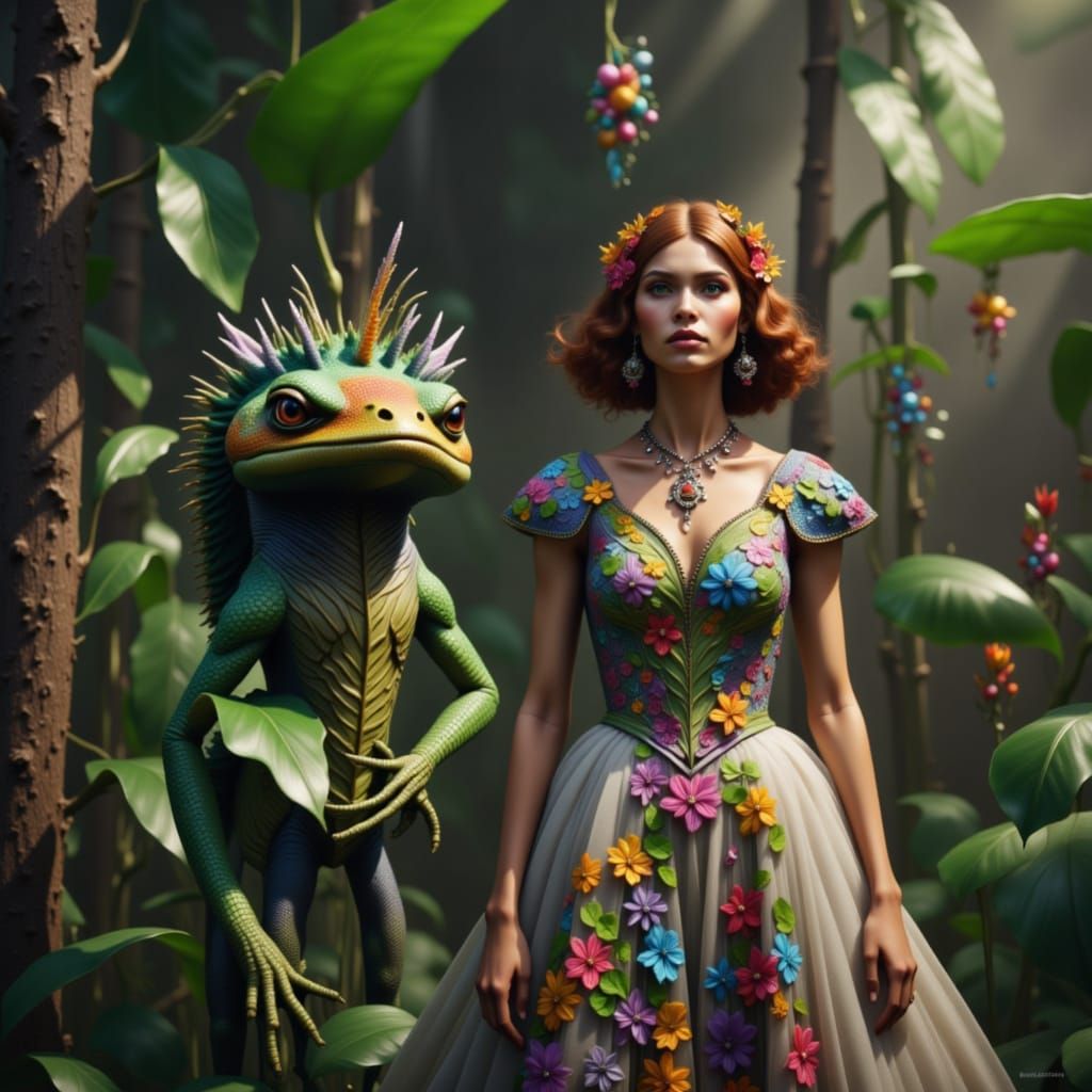 <lora:My pets:1.0><lora:My outfits:1.0> a model with a Norman Rockwell inspired runway dress next to a gecko