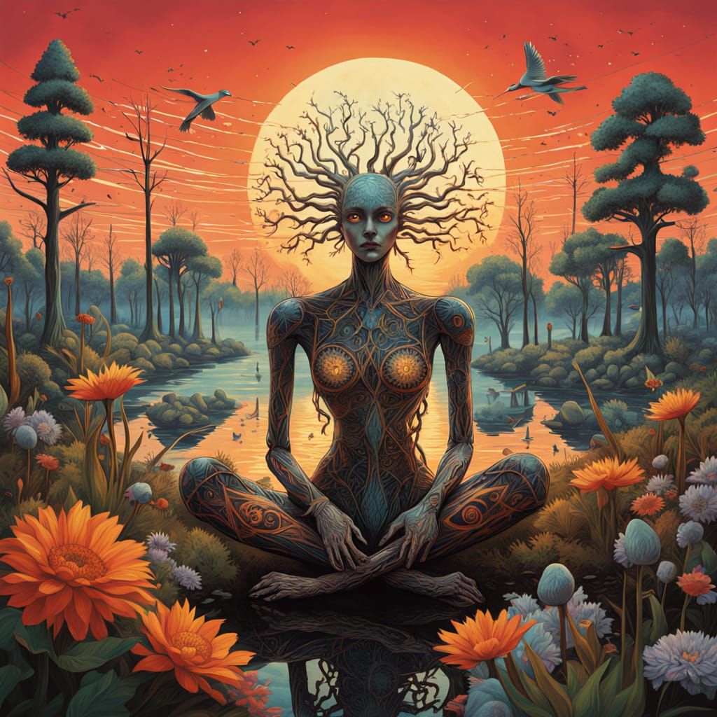 Folkloric Robot with Twins in Surreal Eco-Art Garden