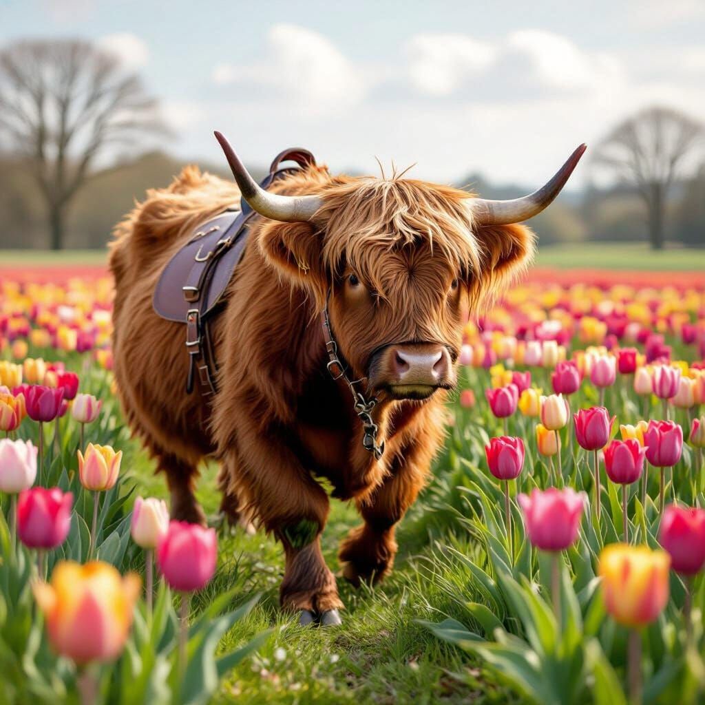 Highland Cow Tiptoeing Through Tulips in Potter's Style