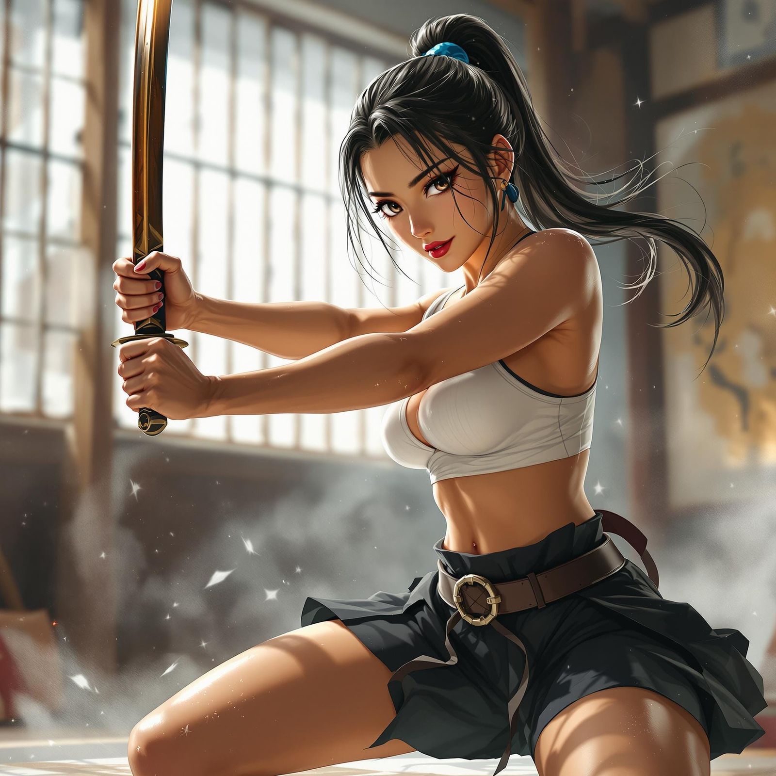 Asian Woman with Bokken Sword in Comic Book Style