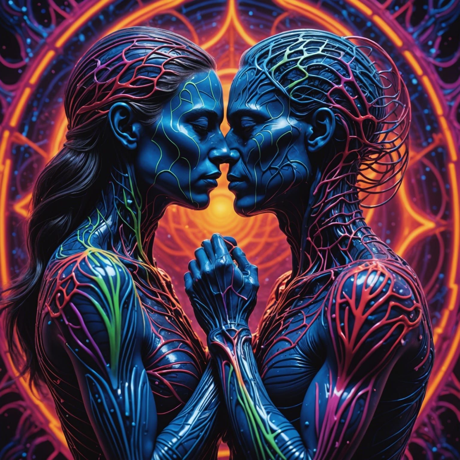 Neon Lovers Embrace in Splash Art Style