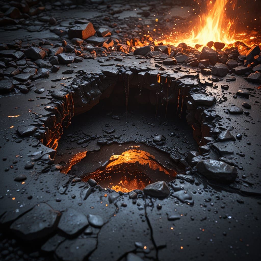 Smouldering Embers Reflecting on Wet Cave Floor