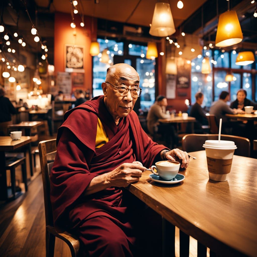 Dalai Lama in a Modern Coffeehouse
