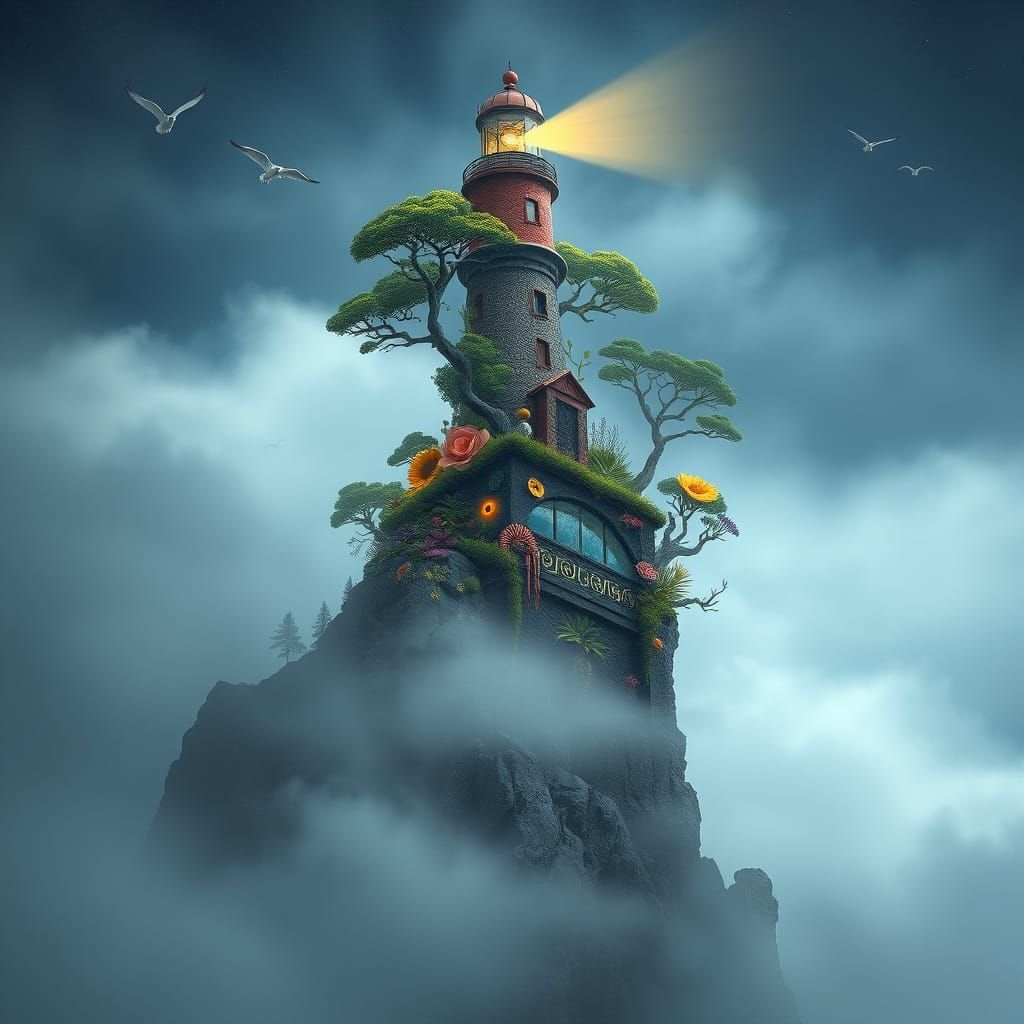 Fantasy Lighthouse on Cliff in Surrealist Style
