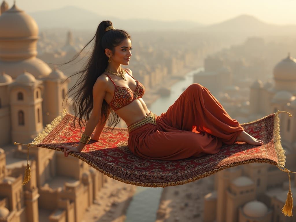 Enchanting Genie on Magic Carpet Ride Over Arabian Cityscape