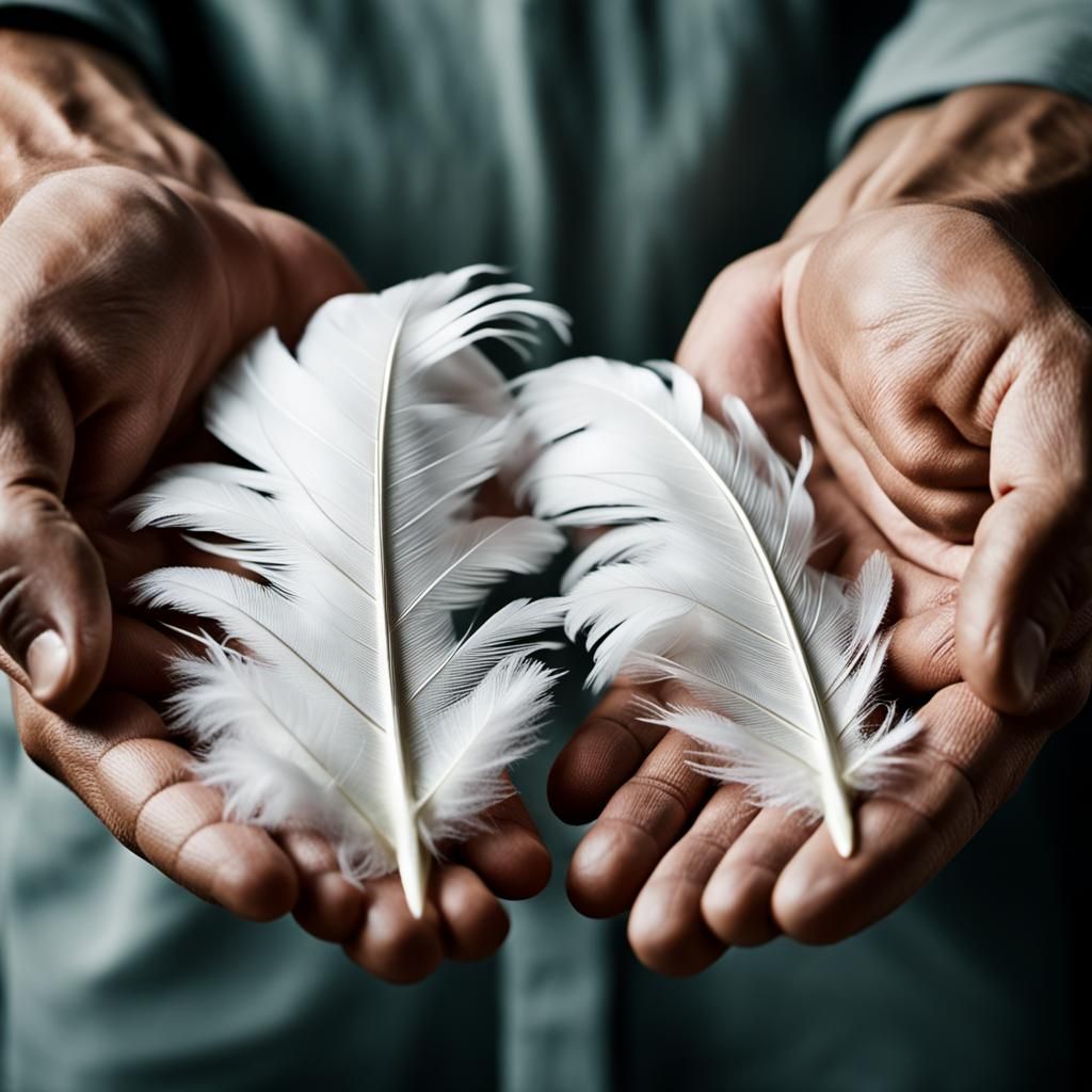 Hands Holding Feather in Realistic Portrait Style