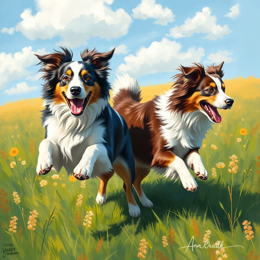 Two Australian Shepherds Playful Meadow Scene Impressionist ...