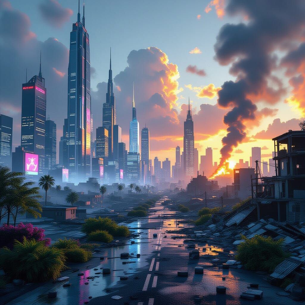 Contrasting Futures: Thriving City vs. Urban Ruins