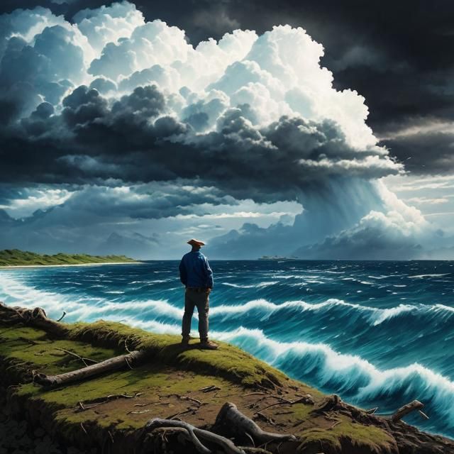 Shipwrecked Sailor on Deserted Island with Distant Storm