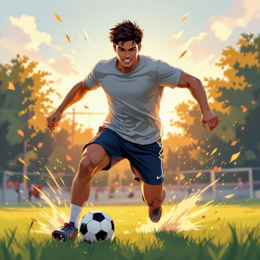 Athletic Young Man Playing Soccer in Golden Hour Light