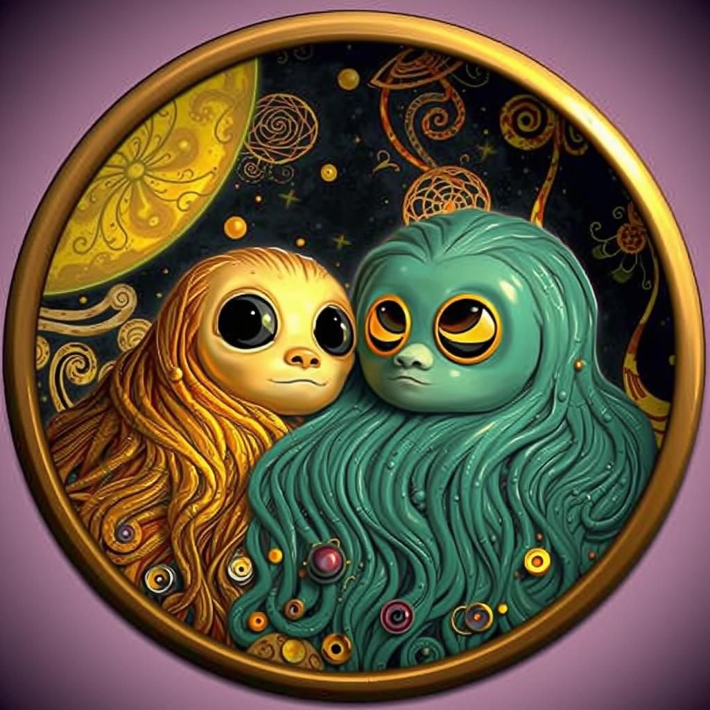 Surreal Cartoon Creatures in Klimt-Inspired Room