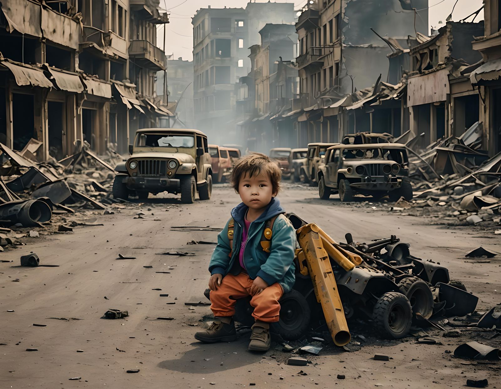 Toddler Alone on War-Torn Street: Cinematic Film Still