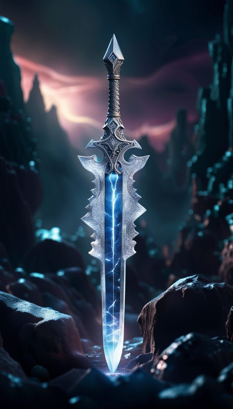 Crystal Sword in Anomalous Landscape: Dark Fantasy Art