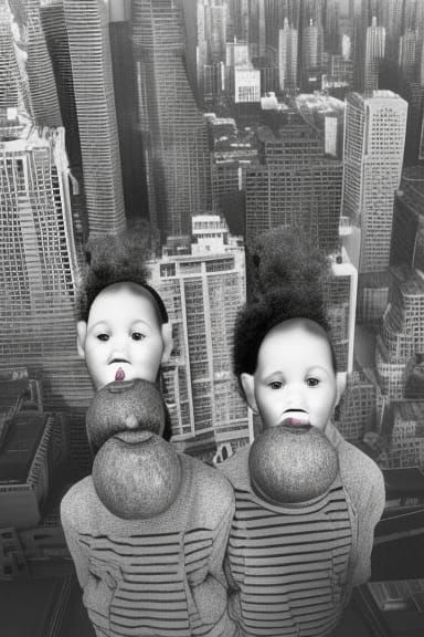 Conjoined Twins with Apple in Big City
