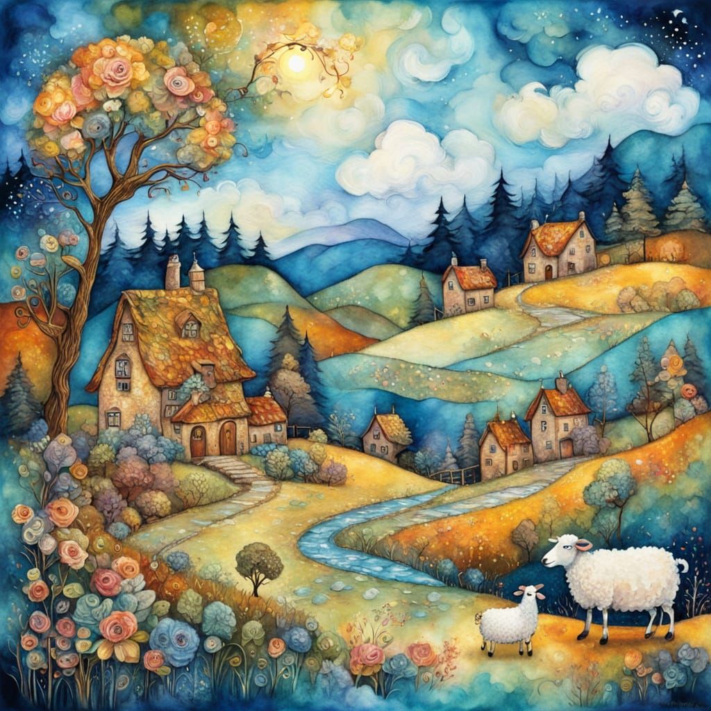 Charming Alcohol Ink Painting of Knitting Lady and Sheep