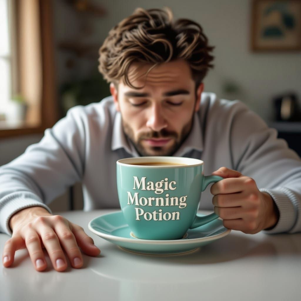 Steaming Coffee Cup and Sleepy Man in Morning Light