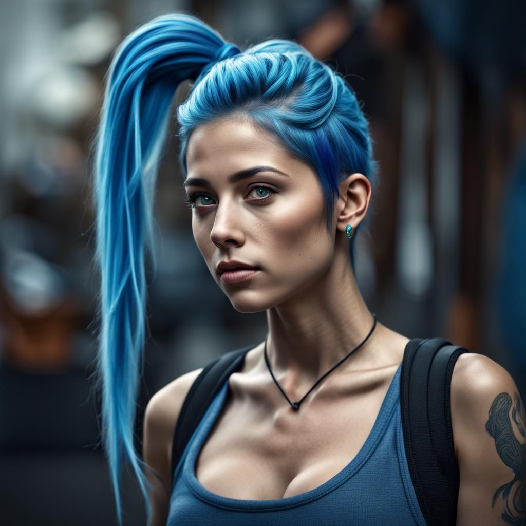 Hyperrealistic Blue Haired Woman Portrait