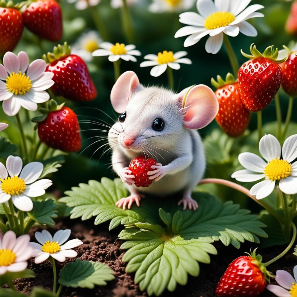 Strawberry Mouse in a Beautiful Flower Garden